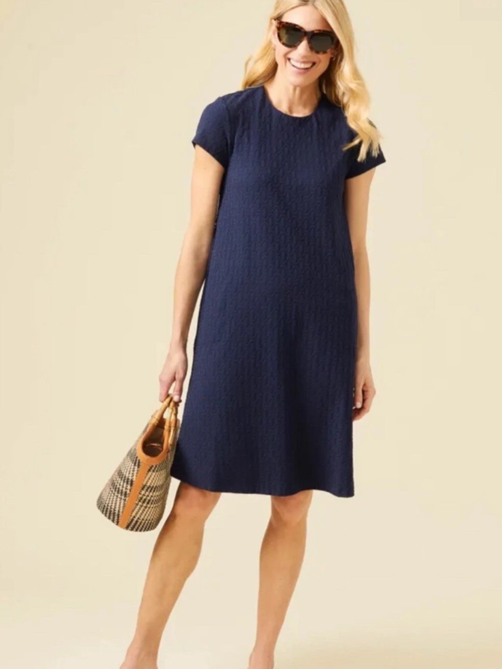 J. McLaughlin navy blue Catalina short‎ sleeve crewneck dress jacquard